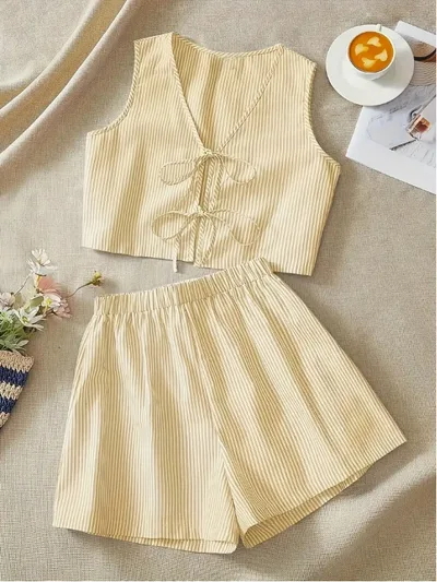 Elegant Striped Knit Tank Top And High Waist Loose Shorts Set For Women Yellow - Shop at LoveMi