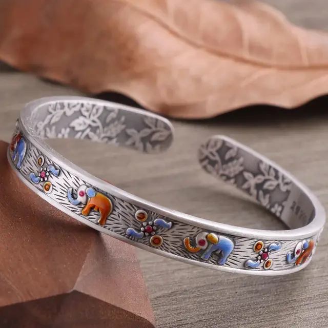 Retro Simple Ethnic Style Burnt Blue Opening Bracelet Retro Silver - Shop at LoveMi