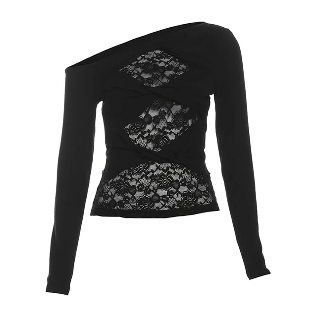 Women's Diagonal Collar Lace Simple Hollow Fashion All match Solid Color Top Black - Shop at LoveMi