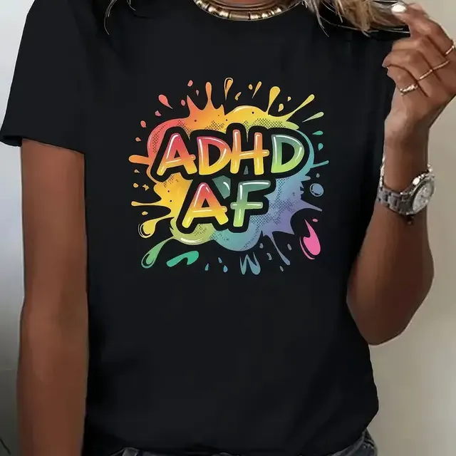 Letter Print ADHD AF Crew Neck T shirt Casual Short Sleeve Black - Shop at LoveMi