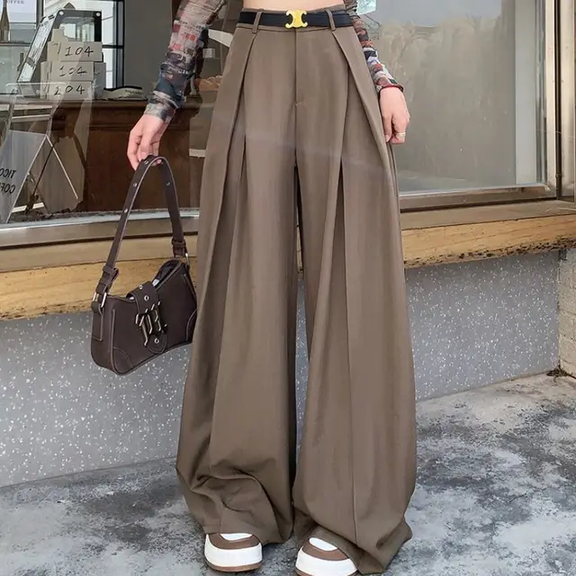 Casual High Waist Wide leg Suit Pants Khaki - Shop at LoveMi