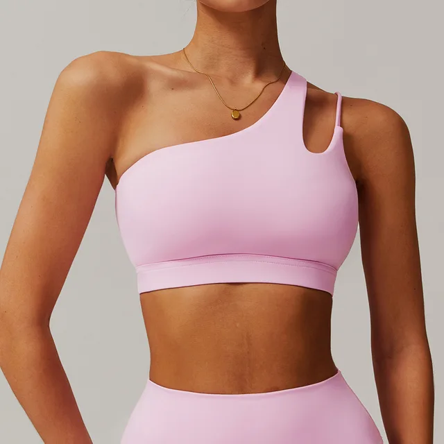 Oblique One shoulder Beauty Back Yoga Bra Nude Feel Sports Underwear Irregular Shoulder Strap Cherry Blossom Powder - Shop at LoveMi