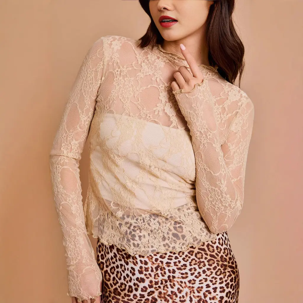 Sheer Mesh Sexy Pure Lace Slim-fit Base T-shirt - Apricot