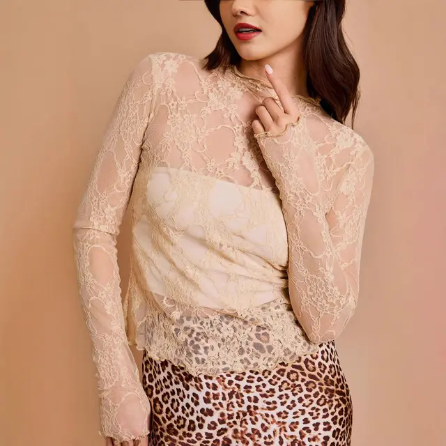 Sheer Mesh Sexy Pure Lace Slim fit Base T shirt Apricot - Shop at LoveMi