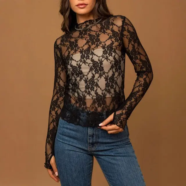 Sheer Mesh Sexy Pure Lace Slim fit Base T shirt Black - Shop at LoveMi