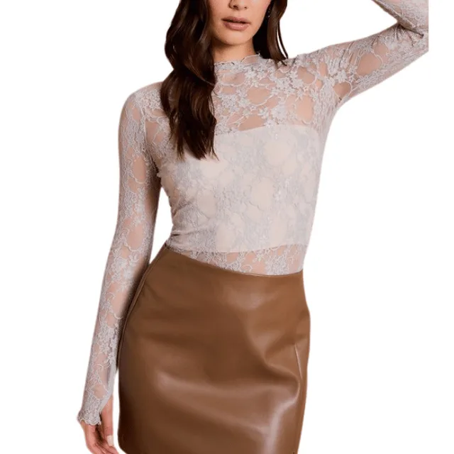 Sheer Mesh Sexy Pure Lace Slim fit Base T shirt Gray - Shop at LoveMi