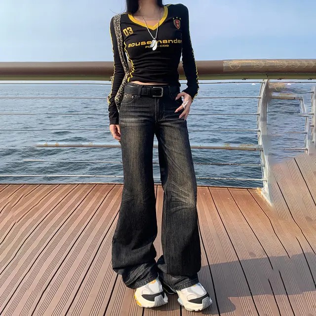 Women's Low Waist Skinny Jeans New Straight Loose Wide Leg Black And Gray - Shop at LoveMi