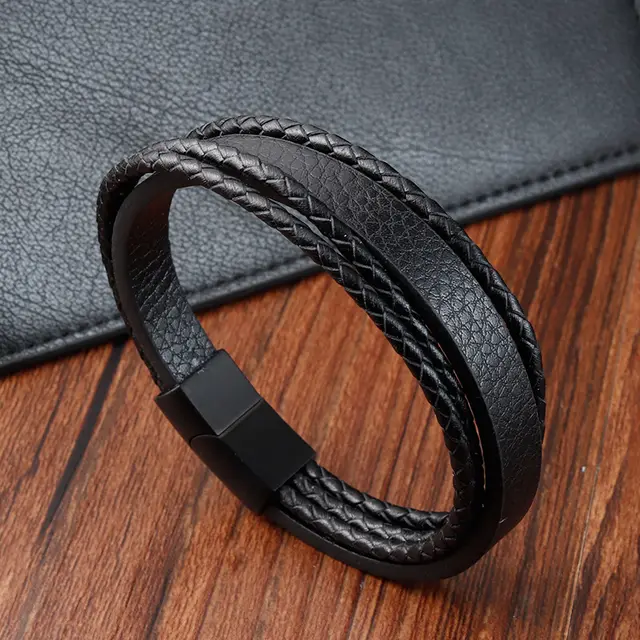 Retro Multi layer Leather Rope Woven Bracelet Black 21Cm - Shop at LoveMi
