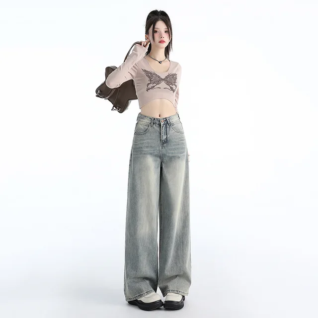 Jeans Washed Loose Drooping Draggle tail Straight Trousers Blue Lengthened Pants - Shop at LoveMi