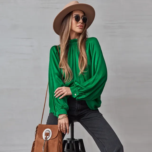 Irregular Stand Collar Stitching Lantern Sleeve Shirt Top Green - Shop at LoveMi