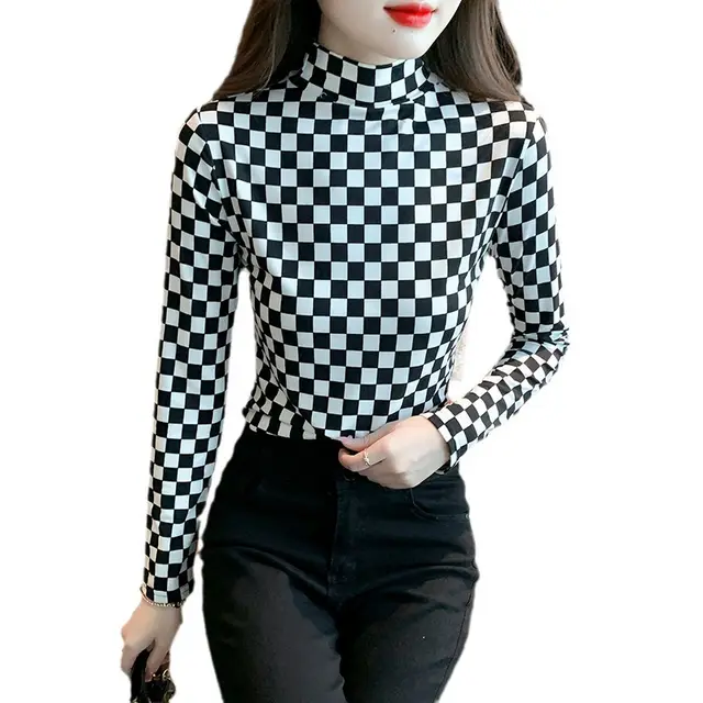 Half Turtleneck Bottoming Shirt Women's FallWinter Slim Slimming Black And White Plaid - Shop at LoveMi