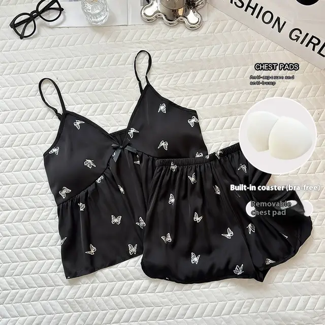 Small Sling Pajamas Women's Summer Thin Ice Silk Two piece Suit Black Butterfly - Shop at LoveMi
