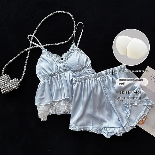 Small Sling Pajamas Women's Summer Thin Ice Silk Two piece Suit Sky Blue - Shop at LoveMi