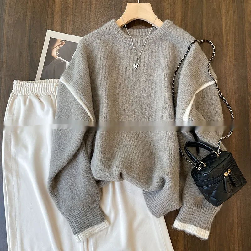 Outer Wear Loose Slimming Patchwork Knitwear Top - Grey