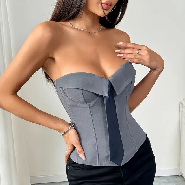 Y2k Bandeau Top With Faux tied Design Ins Fashion Solid Color Vest For Women Clothing Gray - Shop at LoveMi