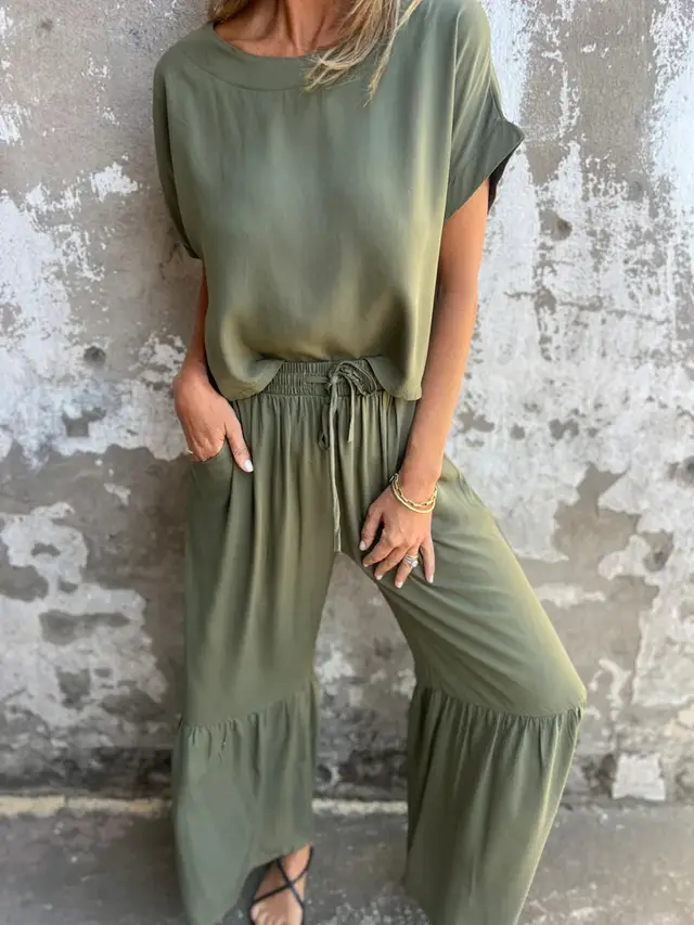 Short sleeved Suit Summer Round Neck Pullover Top And Drawstring Wide leg Pants Fashion Set For Women Clothing Army Green - Shop at LoveMi