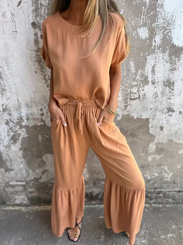 Short sleeved Suit Summer Round Neck Pullover Top And Drawstring Wide leg Pants Fashion Set For Women Clothing Orange - Shop at LoveMi