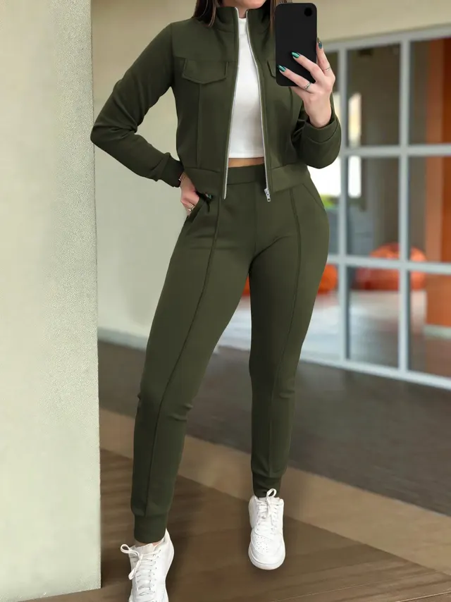 Women's Solid Color Fashion Casual Long Sleeve Pants Two piece Set Army Green - Shop at LoveMi