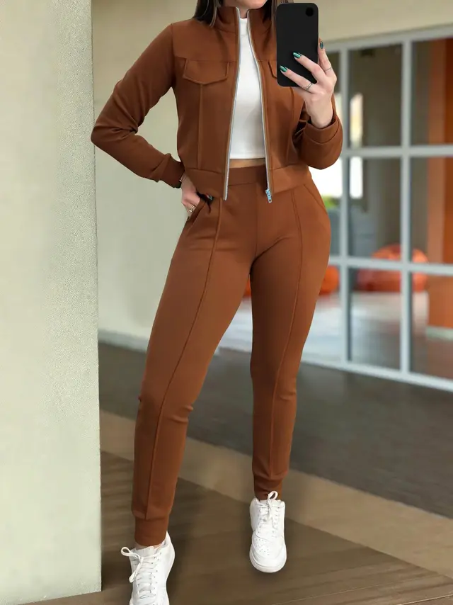 Women's Solid Color Fashion Casual Long Sleeve Pants Two piece Set Dark Brown - Shop at LoveMi