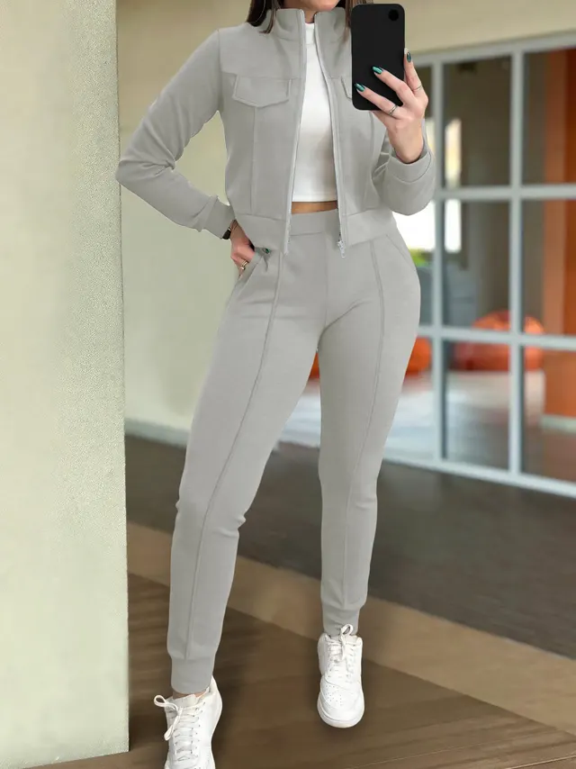 Women's Solid Color Fashion Casual Long Sleeve Pants Two piece Set Gray - Shop at LoveMi