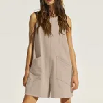 Women Sleeveless Shorts Jumpsuit With Pockets Fashion Beach Pants Summer Clothing - S-Wheat Color