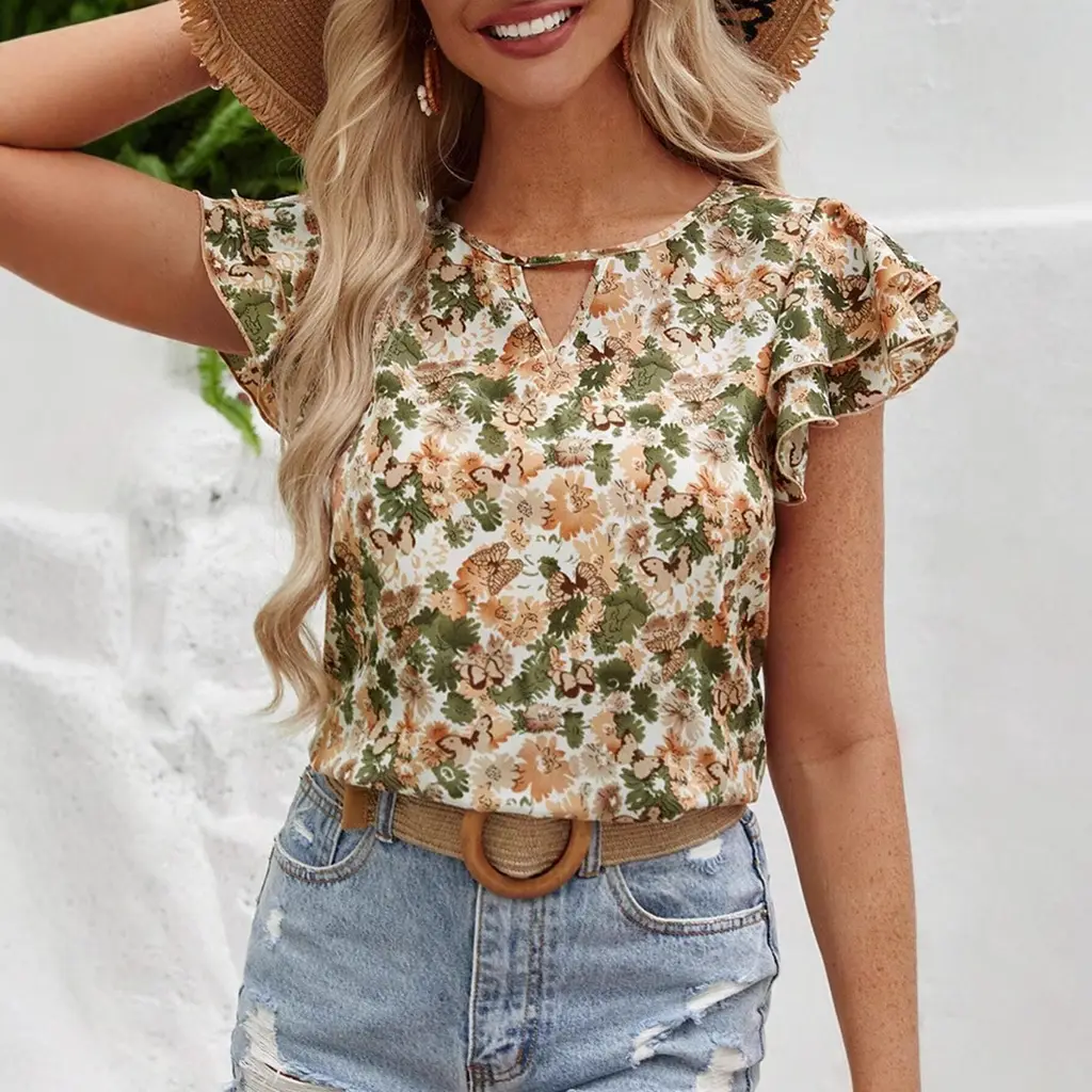 Floral Print Short Sleeve Shirt Summer Fashion Ruffled Tops Women's Clothing - Color