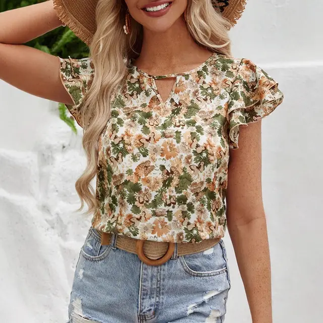 Floral Print Short Sleeve Shirt Summer Fashion Ruffled Tops Women's Clothing Color - Shop at LoveMi