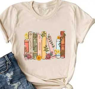 Book Flower Printed Colored Cotton T-shirt - 10 Colored Cotton 8 Apricot - View 1