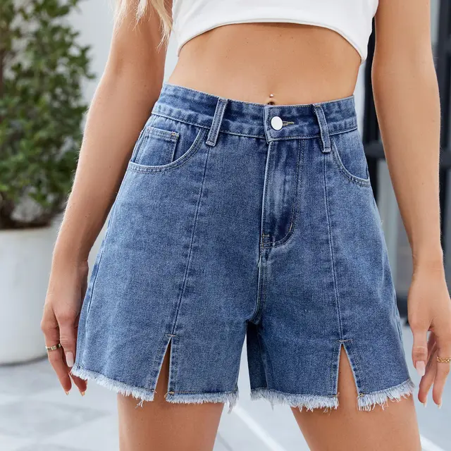 Women's Washed Denim Shorts Frayed Hem Split Hot Pants Dark Blue - Shop at LoveMi