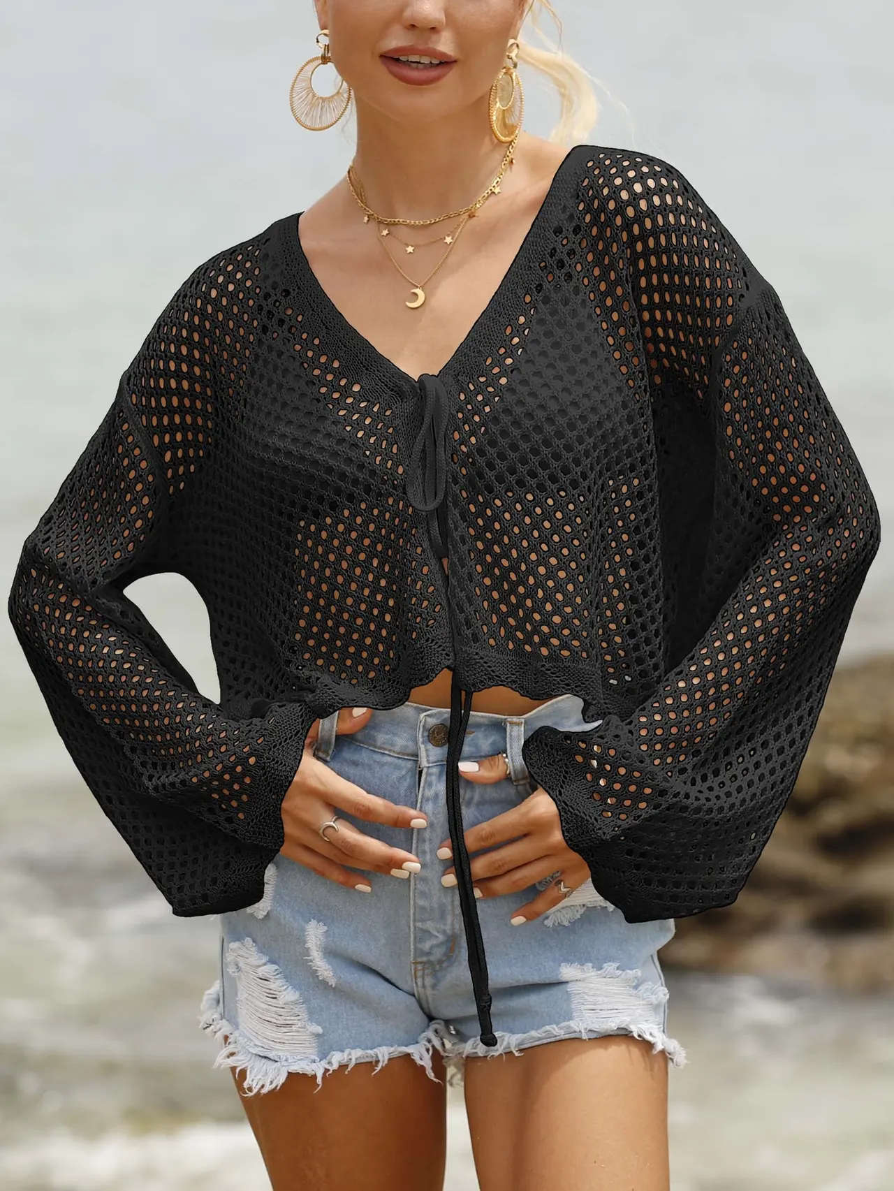 Women's Lace-up Cardigan Hollow-out Beach Sun Protection Long-sleeved Blouse - Black