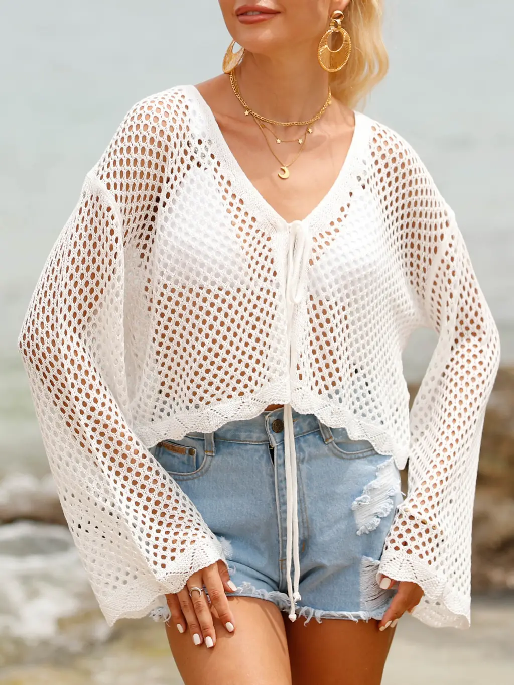 Women's Lace-up Cardigan Hollow-out Beach Sun Protection Long-sleeved Blouse - White