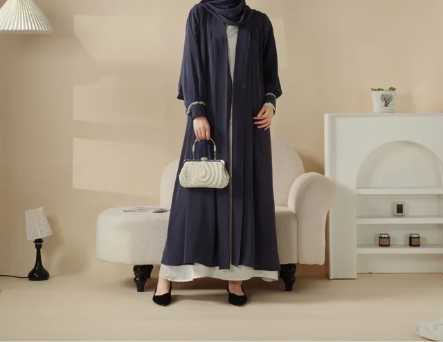 Middle East Satin Coat Skirt Cuff Diamond Robe Denim Blue - Shop at LoveMi