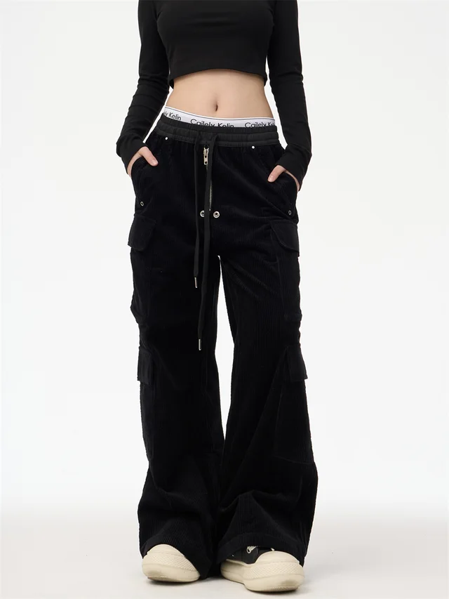 American Street Corduroy Multi pocket Cargo Pants Black - Shop at LoveMi