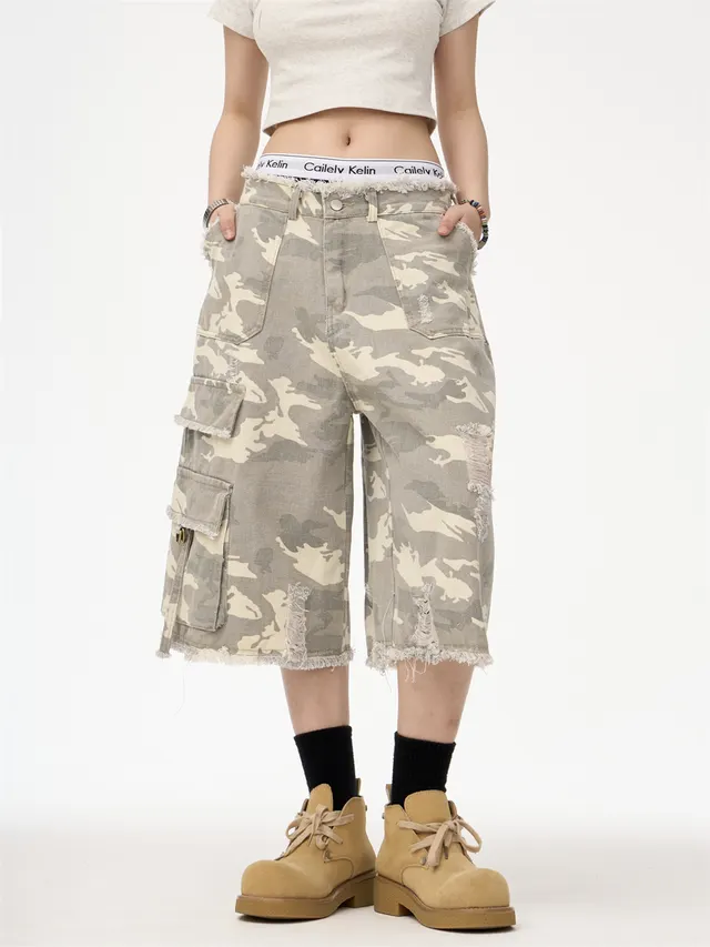 Retro Street Leopard Camouflage Workwear Denim Cropped Pants Camouflage - Shop at LoveMi