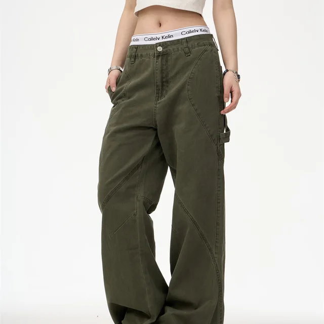 Paratrooper Washed Distressed Straight Deconstructed Vibe Casual Jeans Army Green - Shop at LoveMi