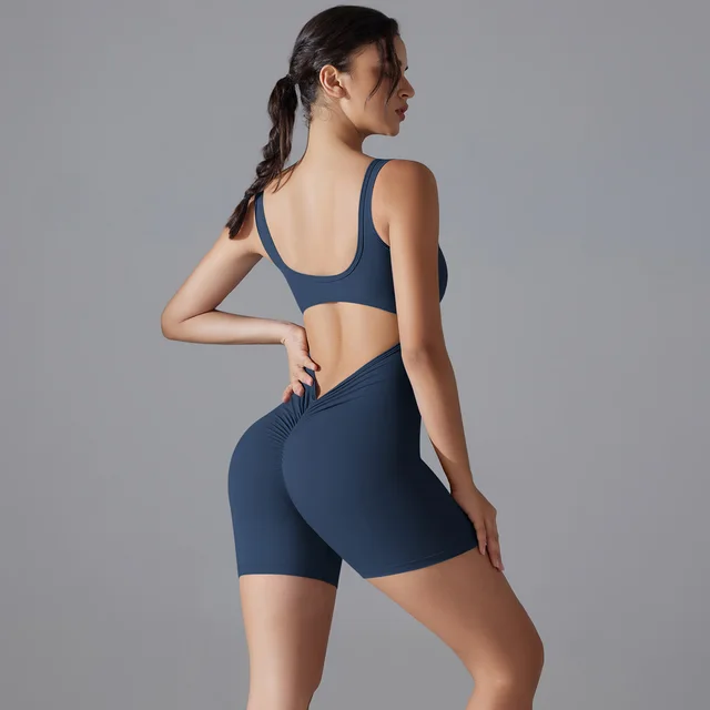 Peach Hip V Waist Tight Shorts Jumpsuit Navy Blue - Shop at LoveMi