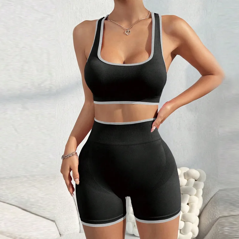 Seamless Sports Yoga Suit Vest Shorts For Women High Waist Shaping - Black