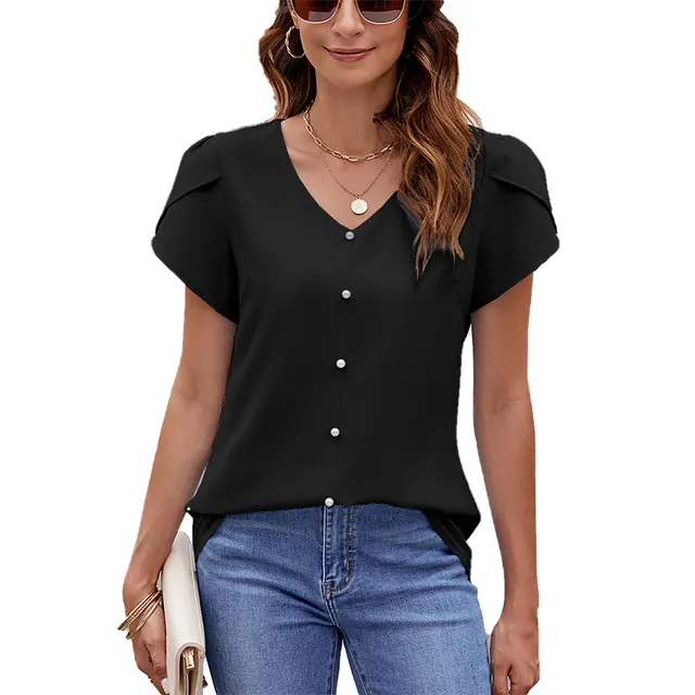 Women's Solid Color And V neck Short Sleeve Loose Chiffon Shirt Black - Shop at LoveMi