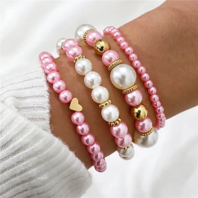 Set Simple White Faux Pearls Beads Beaded Heart Temperament Bracelet Set Elegant Handmade Hand String Jewelry Accessory S14123 - Shop at LoveMi
