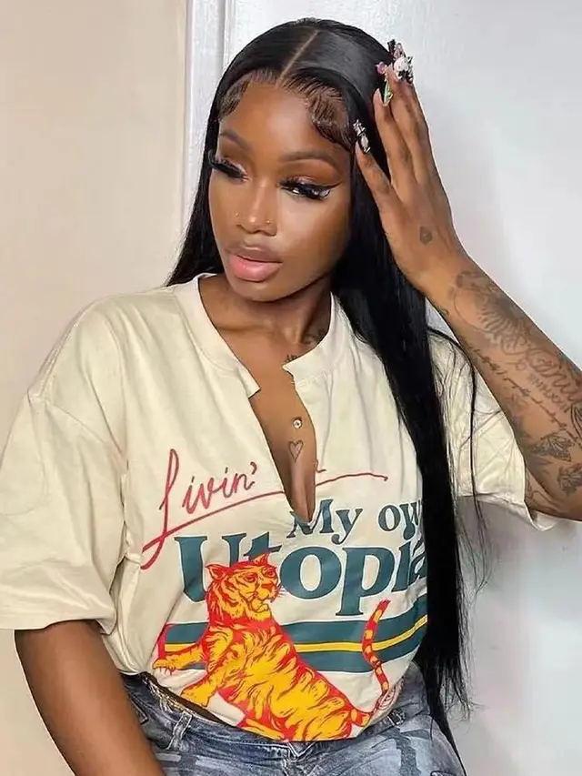 Black Medium Long Straight Hair Chemical Fiber T shaped Front Lace Wig Black 26 Inches - Shop at LoveMi