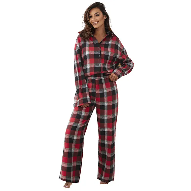 Loose Leisure Suit Women's European And American Fashion Plaid Printing Color Contrast Homewear Women Lc151061P322 - Shop at LoveMi