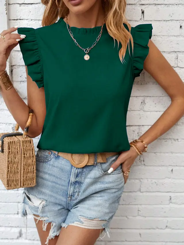 Fashion Ruffles Round Neck Short Sleeve Top Green - Shop at LoveMi