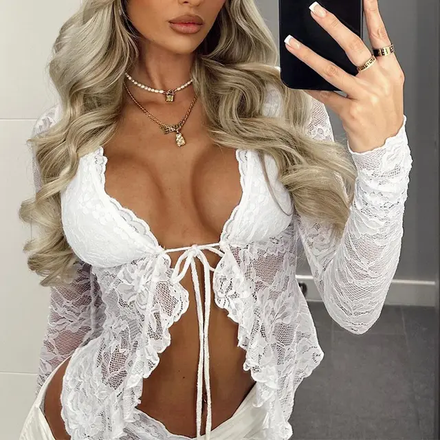 Hollow Out See through Cardigan Self tie Lace Long Sleeve Top Women's Clothing White - Shop at LoveMi