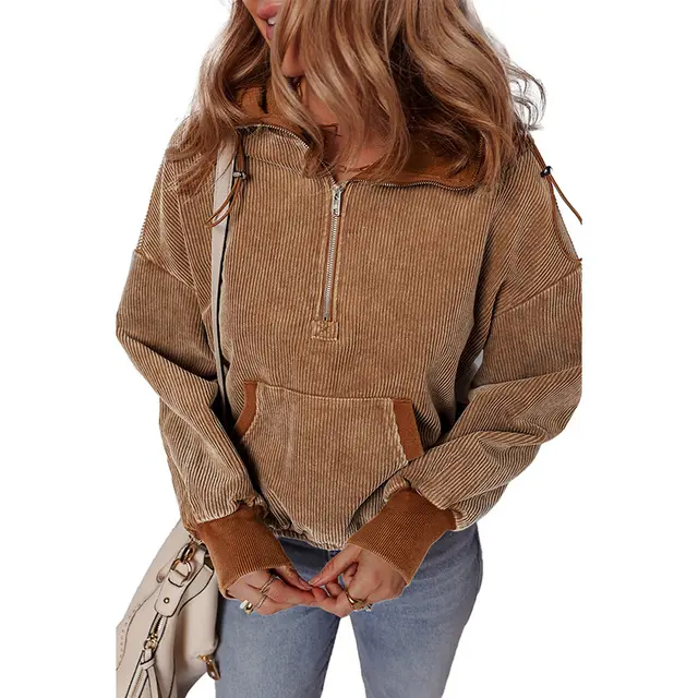 Women's Half cardigan Zipper Pullover Top Lc25317416 Brown - Shop at LoveMi