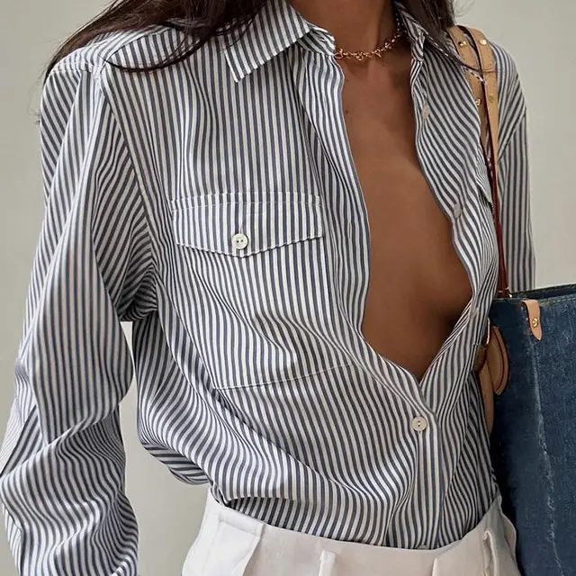 Loose Pockets Striped Contrast Color Cardigan Women's Clothes Top Gray White - Shop at LoveMi