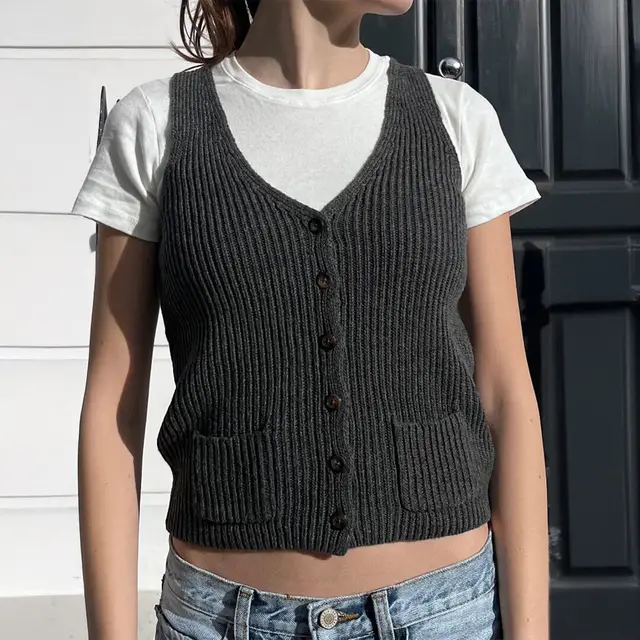 Street V neck Cardigan Woolen Vest Top Women's Clothing Dark Gray - Shop at LoveMi