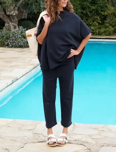 Casual Dolman Sleeve Pullover Wide Leg Pants Suit Navy - Shop at LoveMi