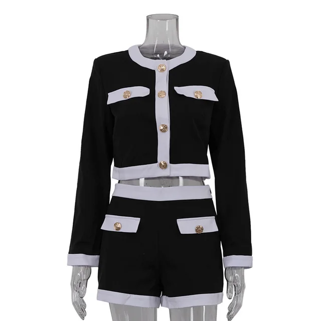 Color Contrast Patchwork Long Sleeve Cardigan Short Top Shorts Two piece Set Black - Shop at LoveMi