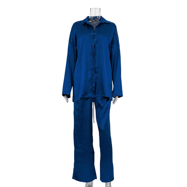 Dark Blue Satin Lapel Long Sleeve Lace up Shirt And Trousers Two piece Set Blue - Shop at LoveMi