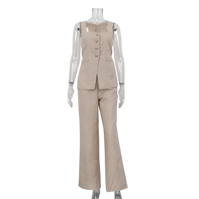 Cotton Linen Commuter Sleeveless Square Collar Lace Up Vest Jacket High Waist Wide Leg Pants Suit Khaki - Shop at LoveMi